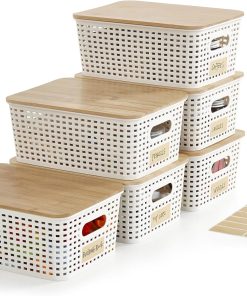Bagnizer Small Plastic Storage Bins with Bamboo Lids 5.2qt Stackable Box Basket Pantry Decorative Containers Cute with Labels for Organizing Desktop Closet Office Cream White of 6 packs 10*7.2*4.1